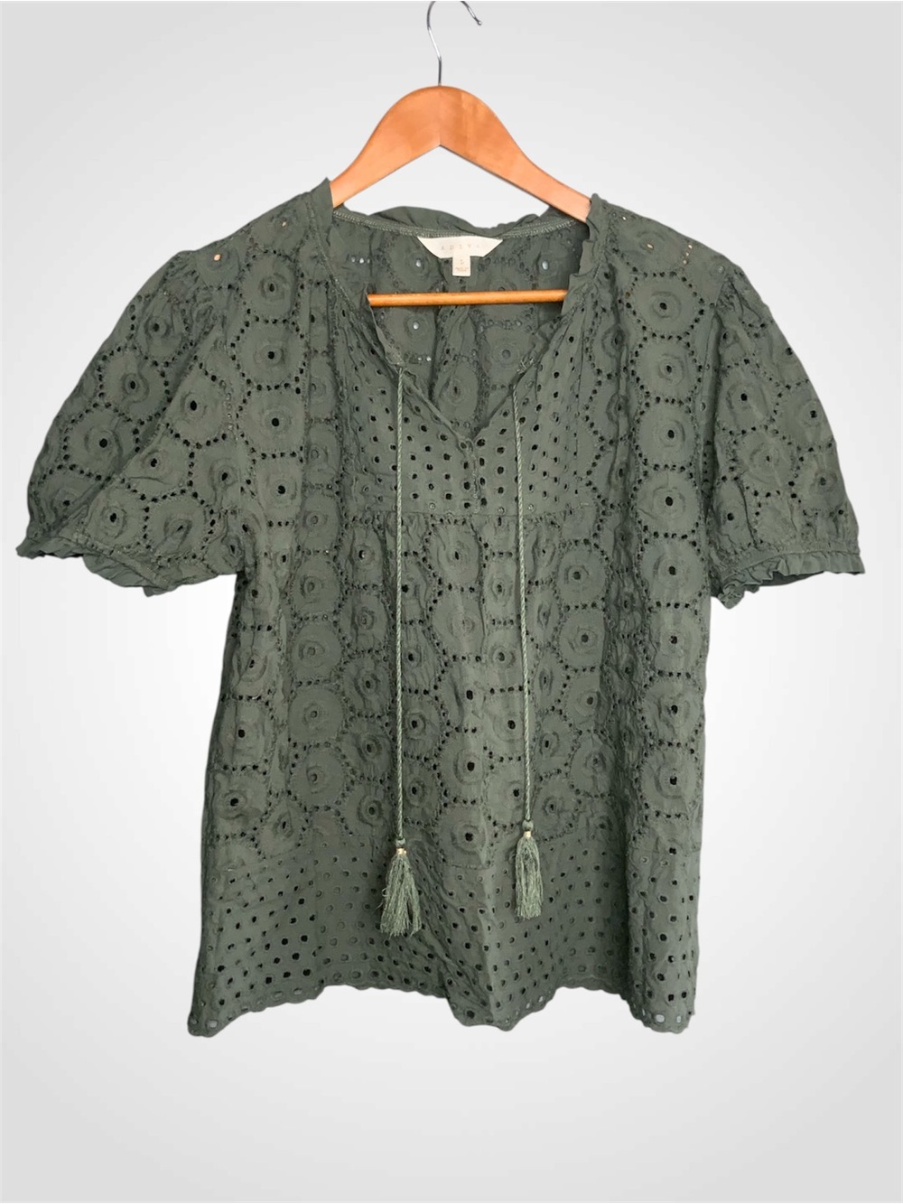Adiva Cotton Olive Eyelet Tie Tassel Short Sleeve Blouse Large